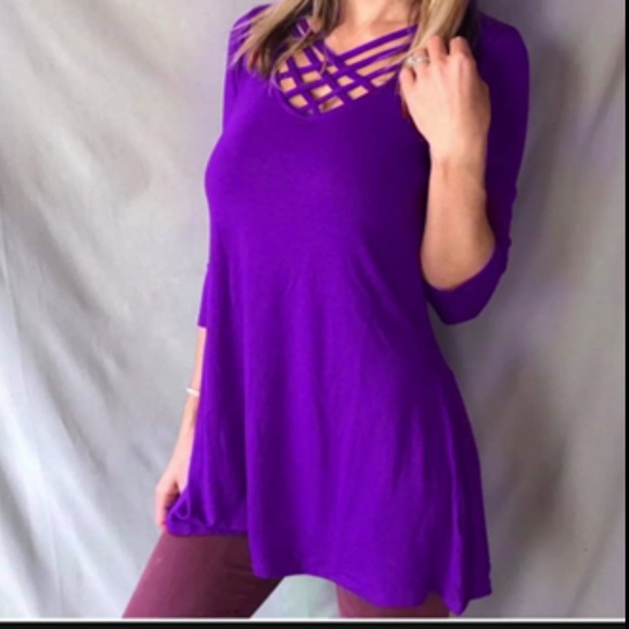 Tops - Plus Size Purple Criss Cross Strappy Long Blouse